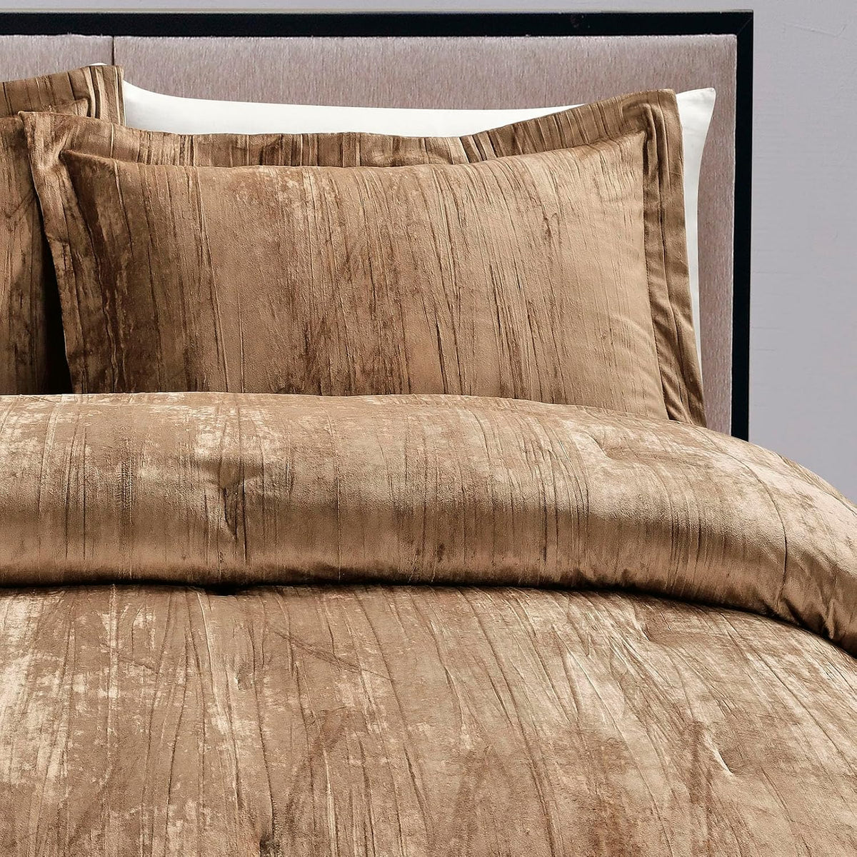 Crinkle Velvet Comforter Set, 3 Pieces Camarel Gold Queen, Crinkle Velvet Face and Brushed Microfiber Reverse, with Light Poly Fill