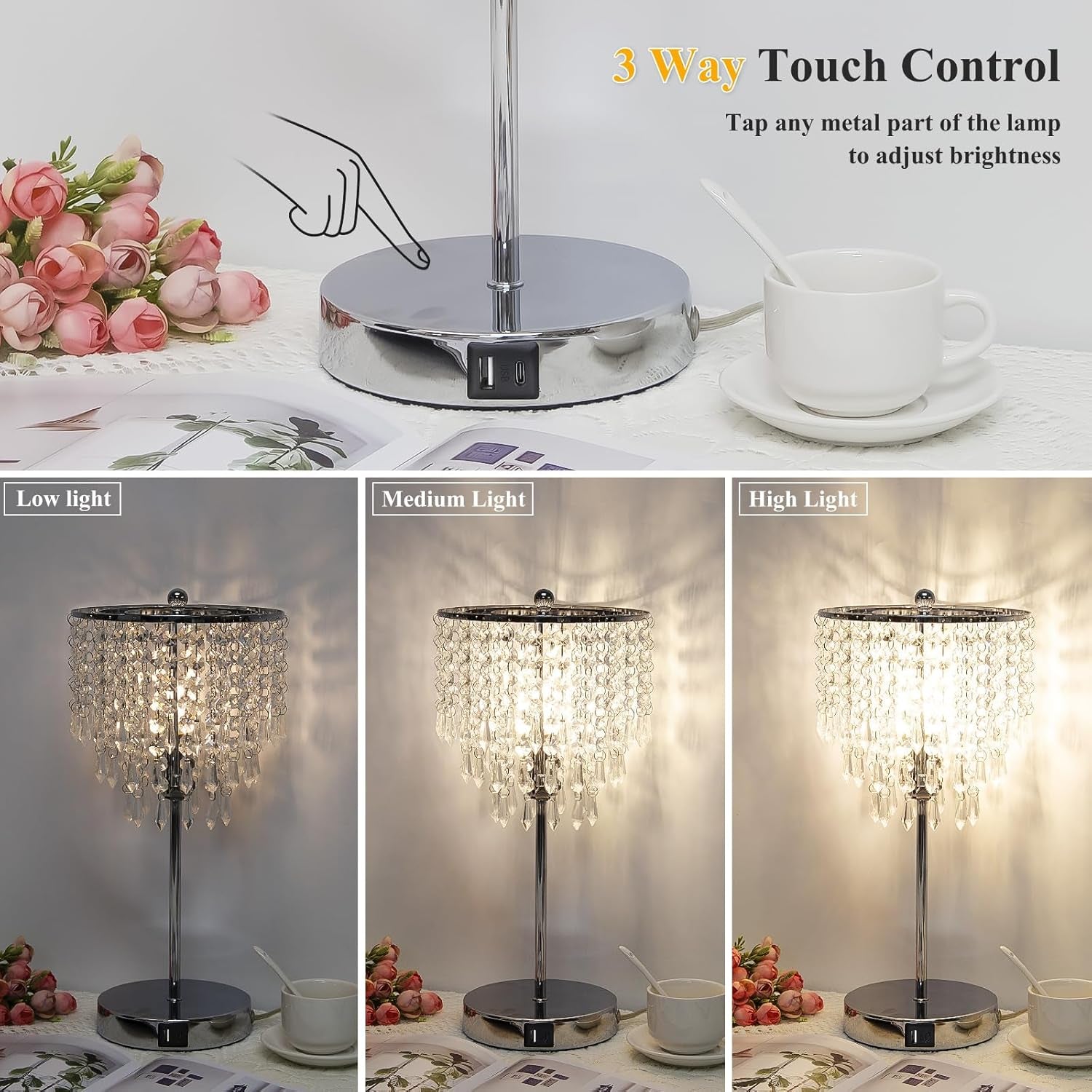 Elegant Crystal Side Table Lamp with USB C+A Charging Ports, B11 LED Bulb Included