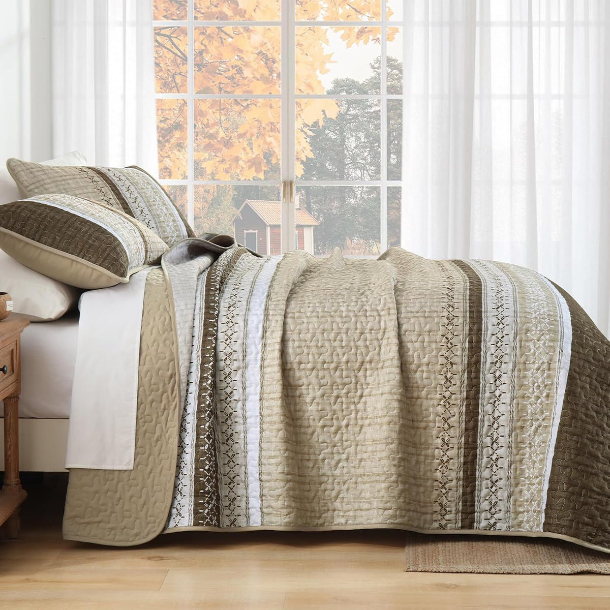 Brown California King Quilt Set,Striped Texture Bedspread 3 Pcs