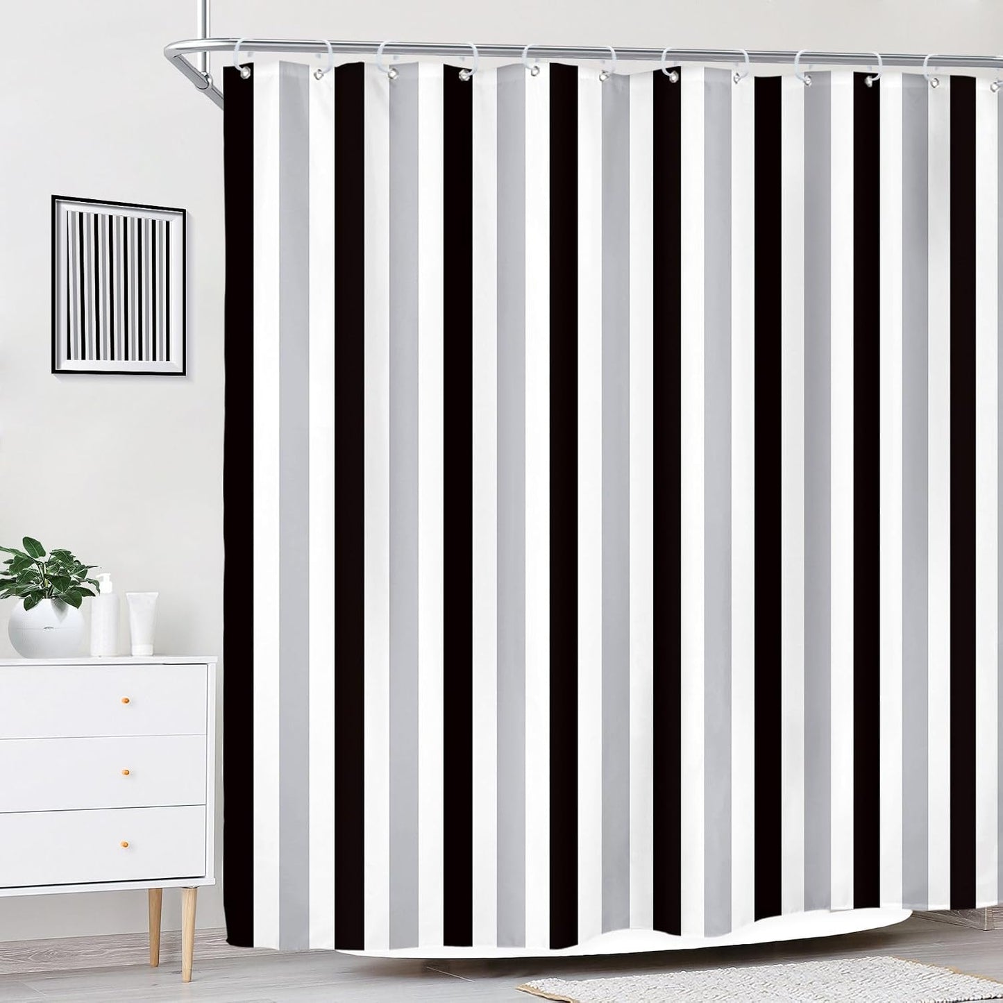 Gray Vertical Striped Black Bathroom Shower Curtain Set