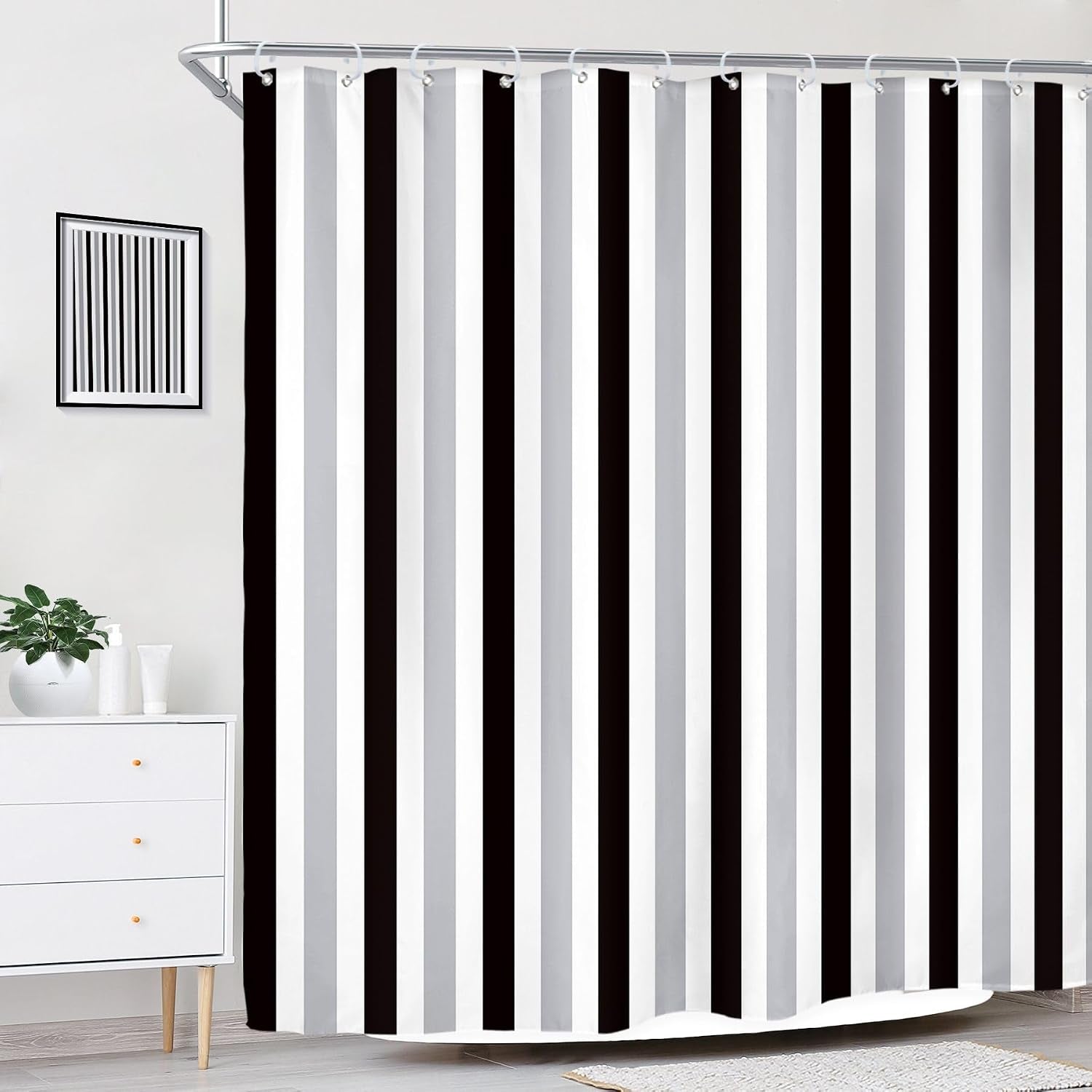 Gray Vertical Striped Black Bathroom Shower Curtain Set