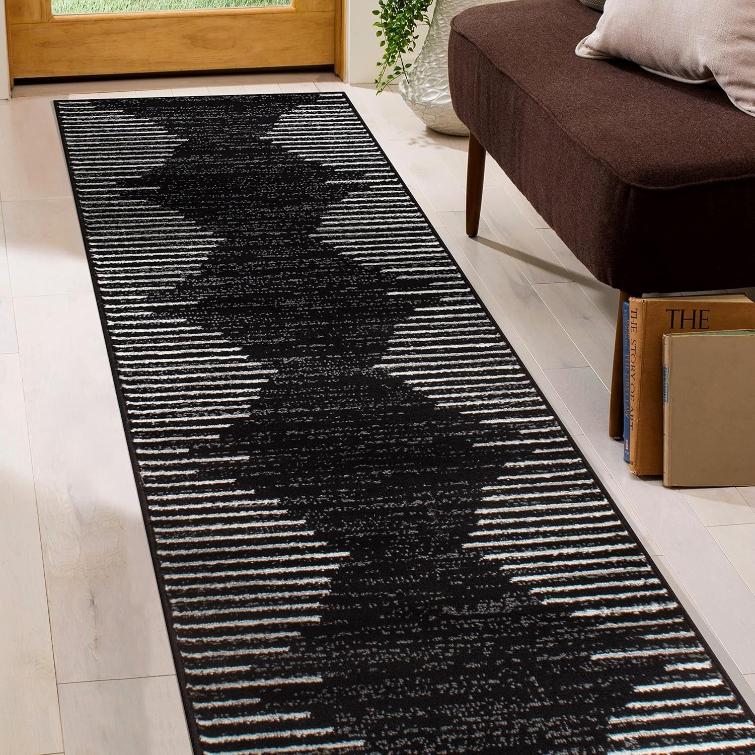Bohemian Stripe Stain Resistant High Traffic Living Room Kitchen Bedroom Dining Home Office Runner Rug 2' X 7' Black