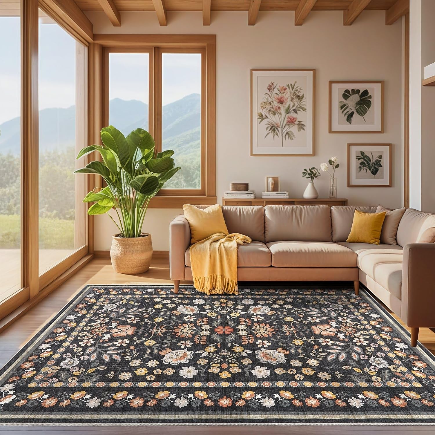 5X7 Area Rug Living Room Rugs - Washable Boho Vintage Floral Large Soft Non-Slip Thin Rug Low Pile Carpet- Black Grey