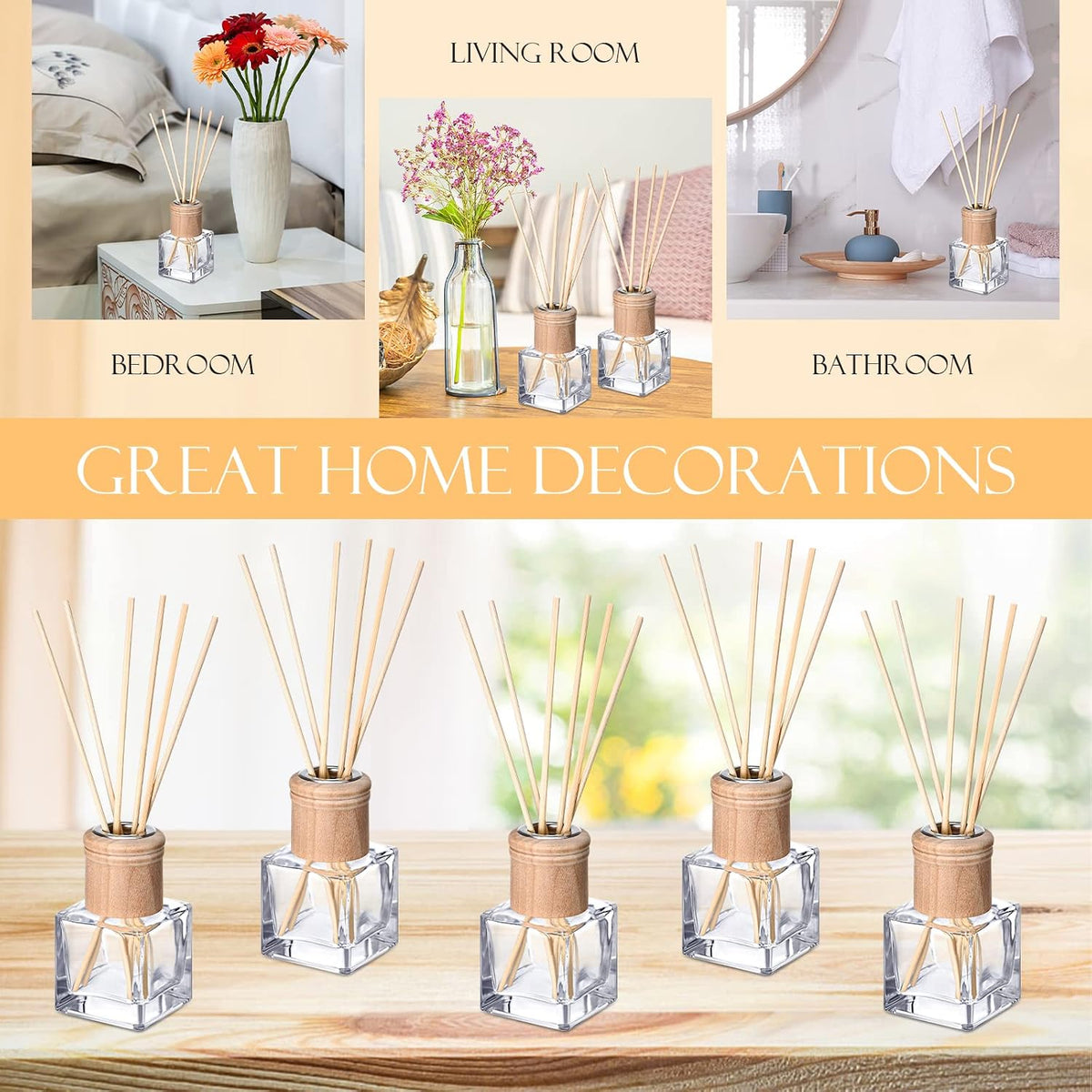 4 Set Reed Diffuser Bottles 50Ml Glass Wooden Caps Rattan Sticks