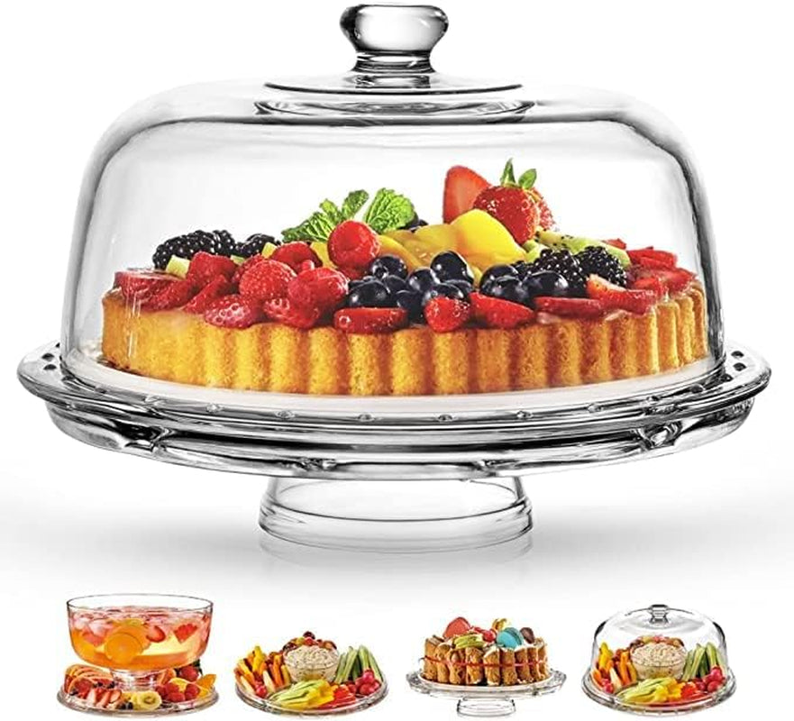Cake Stand with Dome, 6-In-1 Multifunctional Glass Serving Platters - Elegant Pedestal Display, Durable Italian-Made Glass