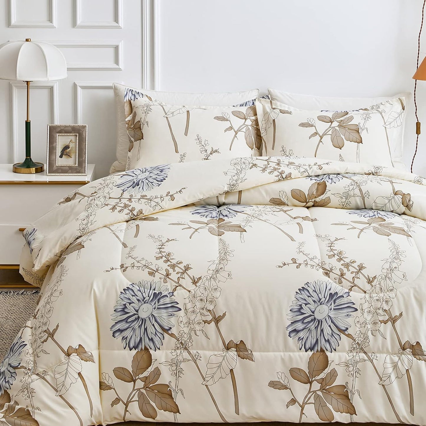 Floral Comforter Set, Elegant Flowers on Light Khaki Botanical Design, 3 Pcs King Size, 102X90 Inches