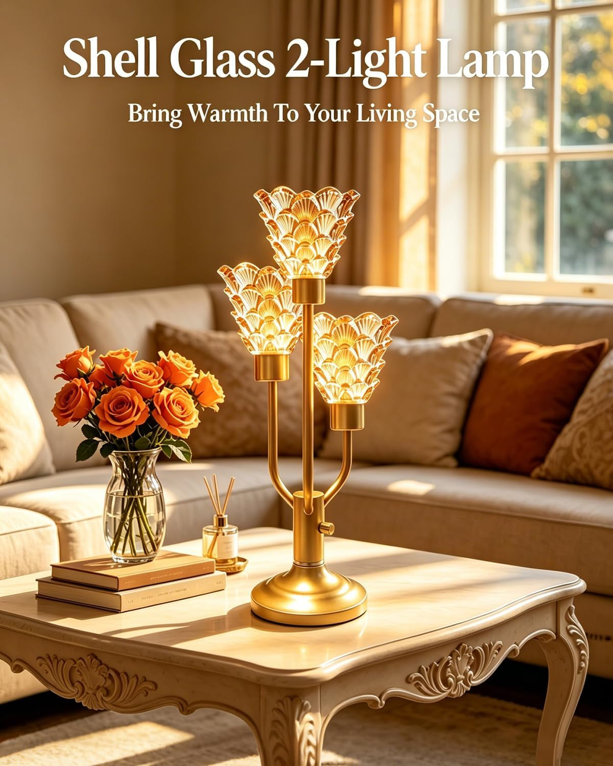 Modern Gold Glass Table Lamp Dimmable 3 Bulbs Included, Nightstand Lamp Vintage, with Amber Glass Warm white 