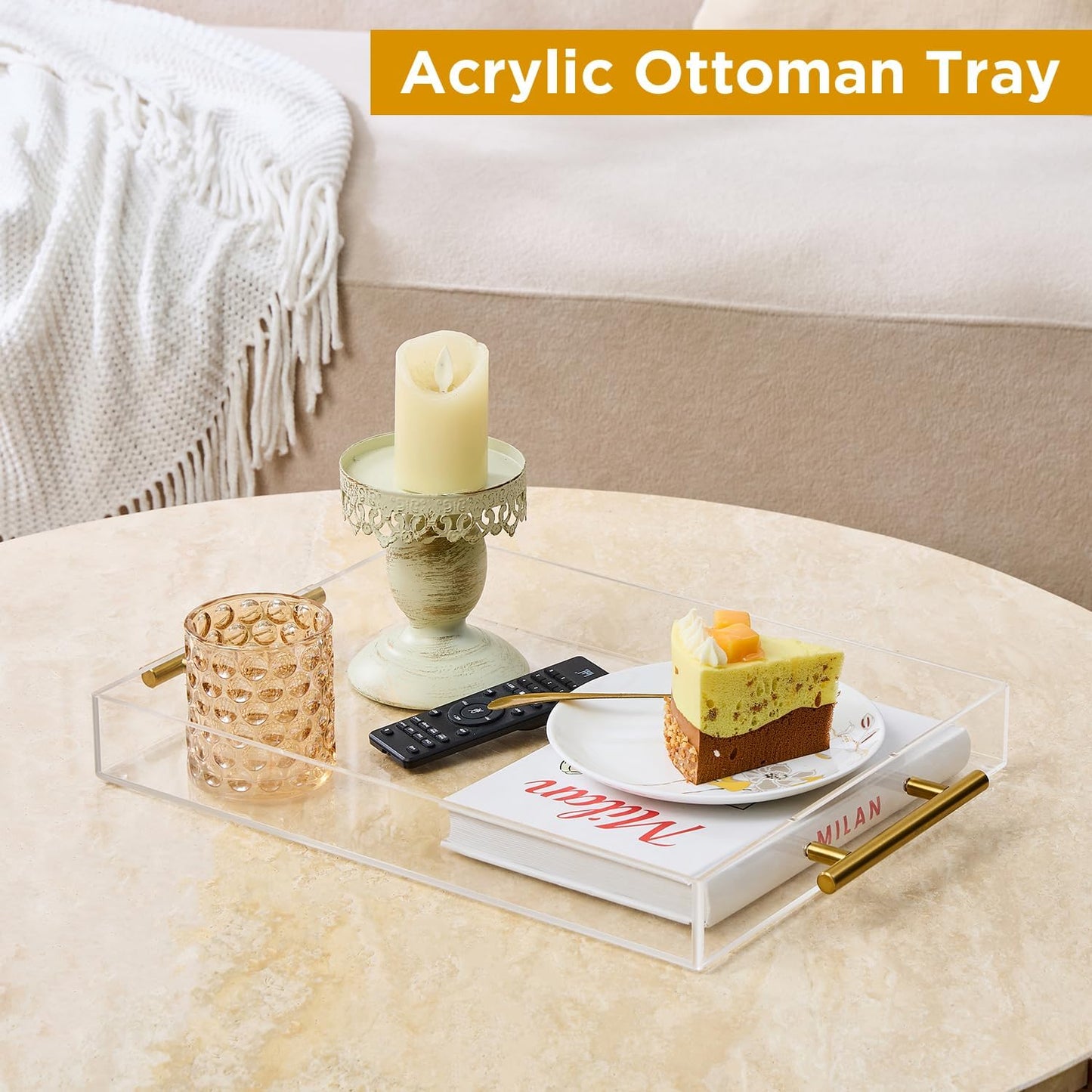 12"X16" Clear Acrylic Serving Tray with Golden Handles, Storage Tray (12"X16")