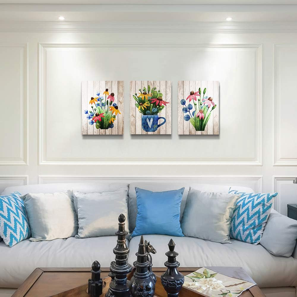 Vintage Wood Grain Plant Flowers Wall Art for Kitchen, 3 Pieces Framed Canvas