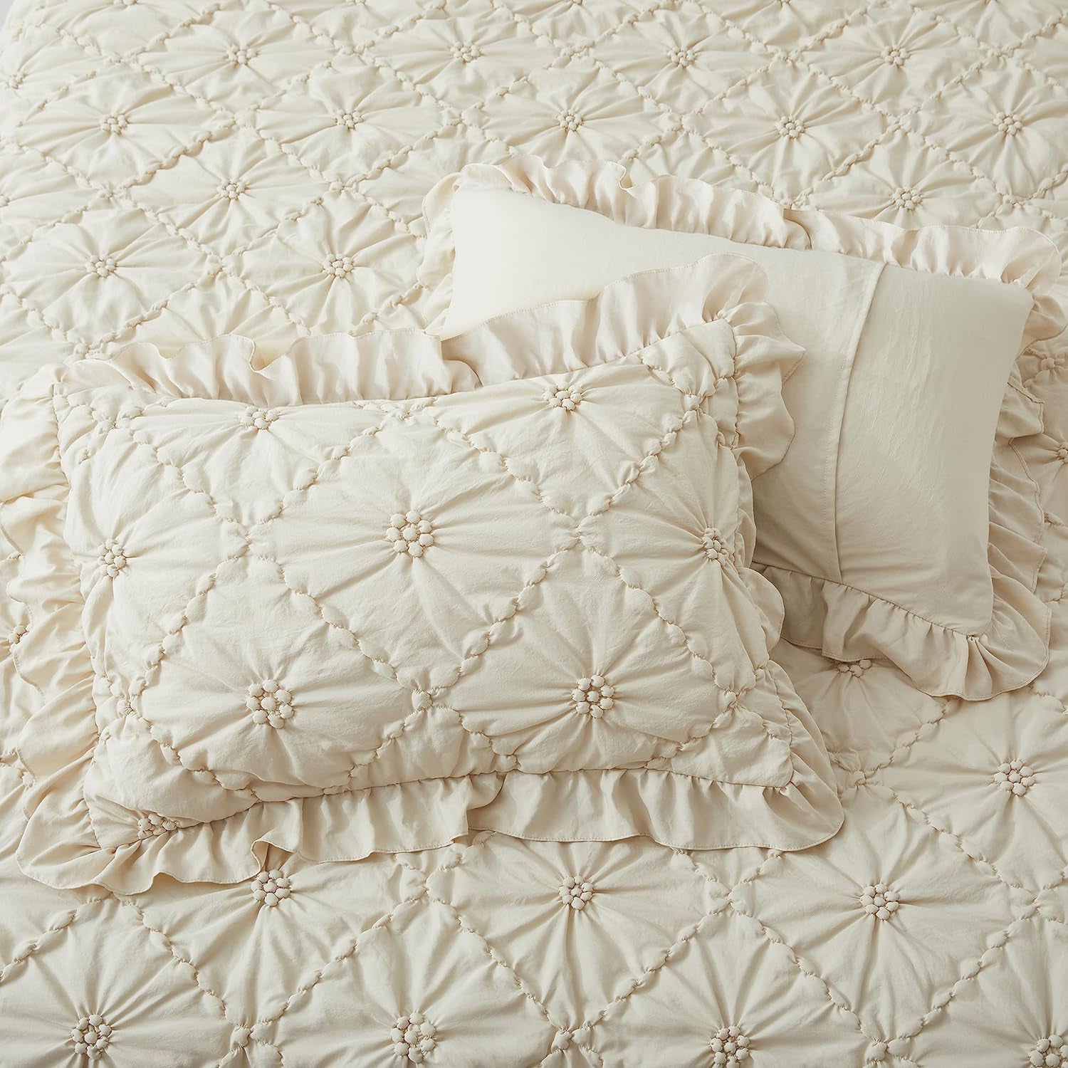 Comforter Set King Size, 3 Pieces Bed, Boho Down-with Ruffled Shams, Beige (102"*88")