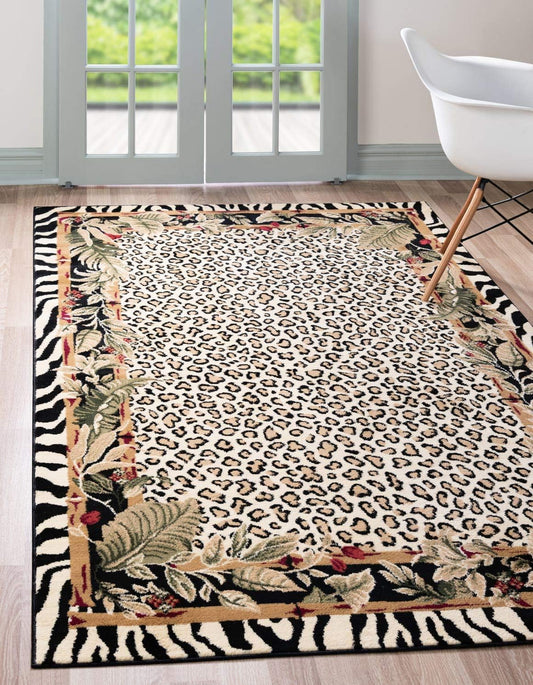 Wildlife Collection Animal Inspired with Cheetah Bordered Design Area Rug, 5 Ft X 8 Ft, Ivory/Black