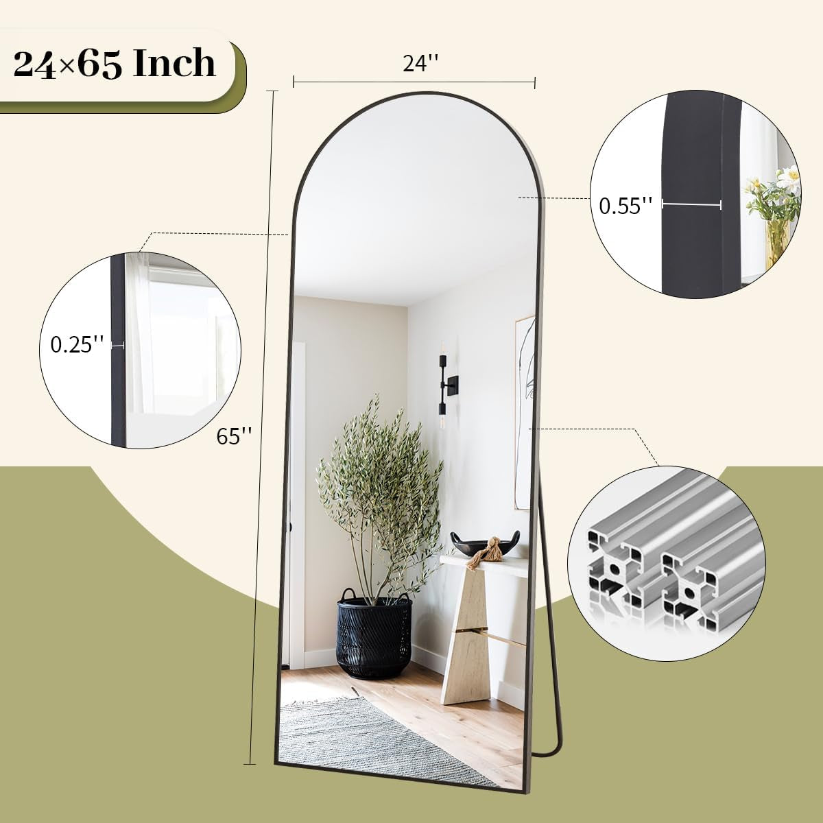 65"X24" Full Length Mirror with Stand, Black