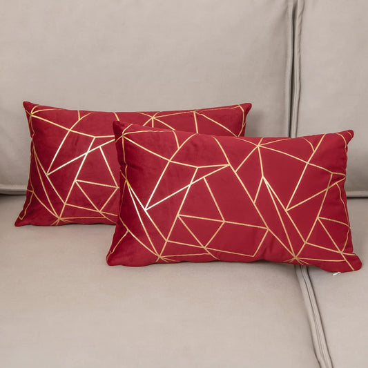 Pack of 2 Velvet Cushion Cases Decorative Gold Foil Geometric Pattern Throw Pillow Covers for Modern Homes Sofa Bedroom Couch Car Living Room Wine Red and Gold 12"X20"