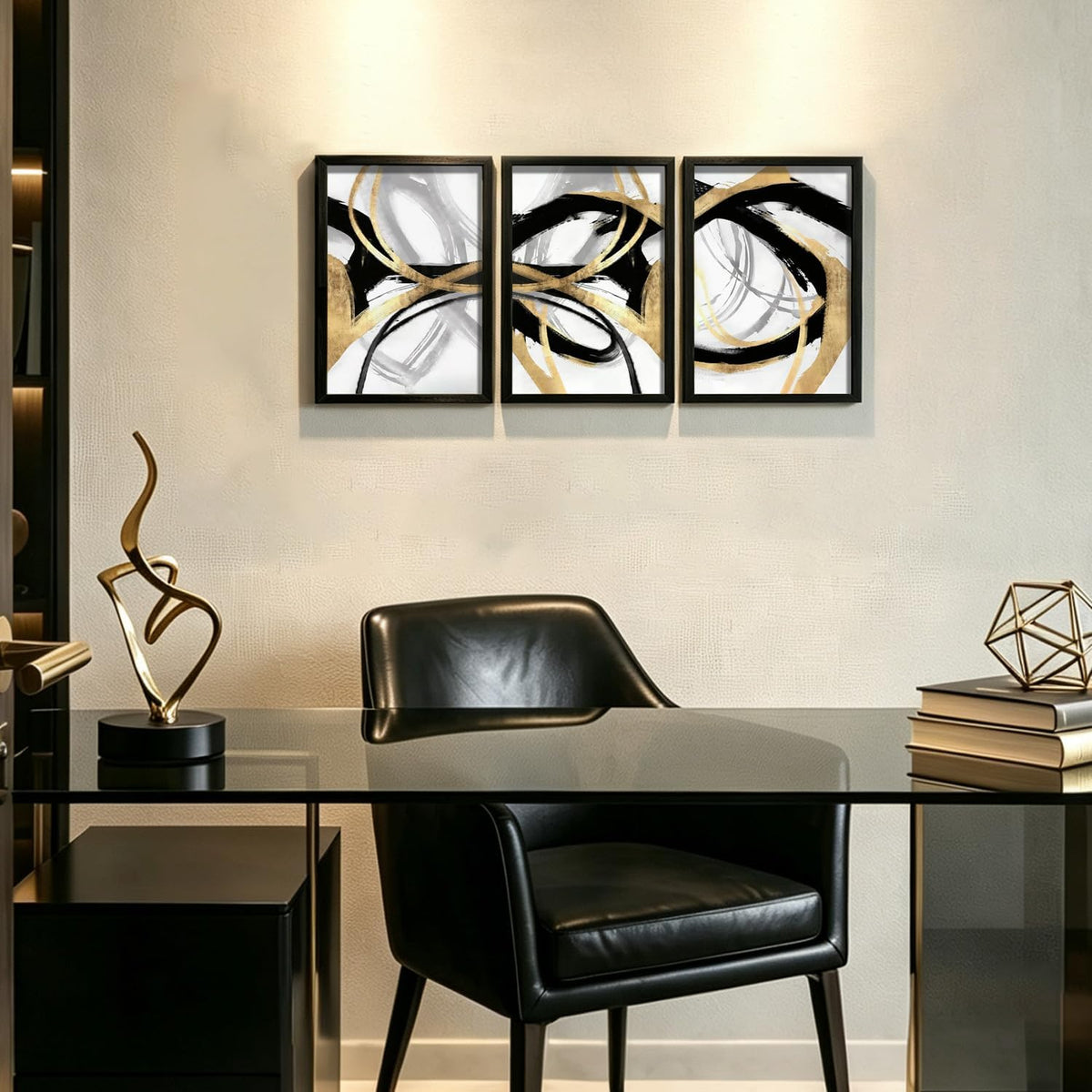 3Pcs Black Framed Black Gold and White Canvas Wall Art 12X16 Inches