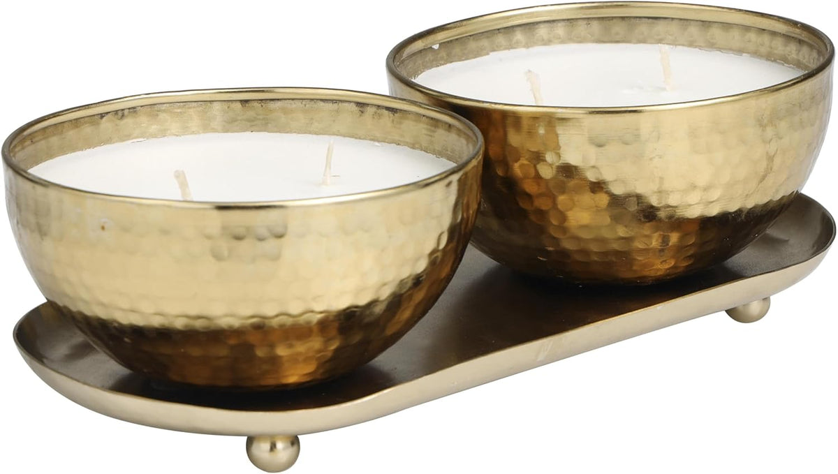Deco 79 Metal Decorative Candle Egyptian Mint Scented Hammered 12 Oz 2 Wick Aromatherapy Candle with White Wax, Set of 2 Wax Aromatherapy Candle 10" W, 3" H, Gold