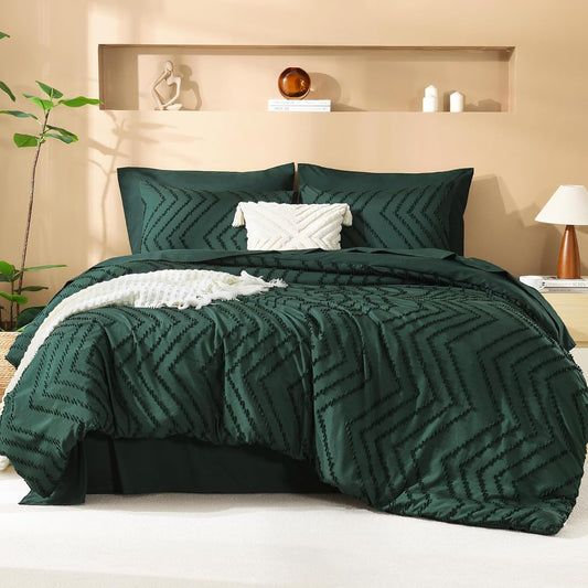 Comforters Queen Size Set with Sheets Dark Emerald Green - 7 Pieces Chevron Tufted Bedding Sets with Comforter, Sheets, Pillowcases & Shams
