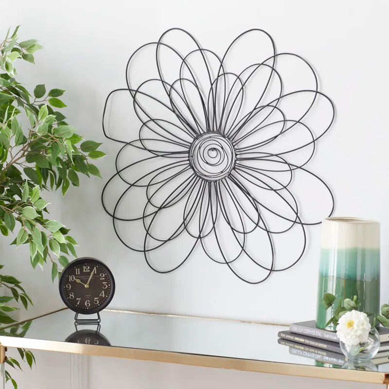 Black Metal Floral 3D Wire Home Wall Decor, 29" X 1" X 29"