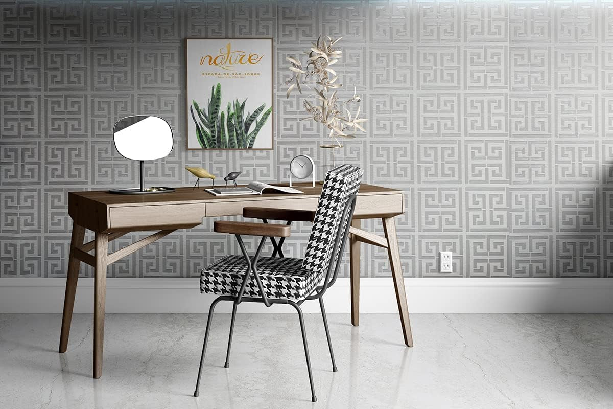 Greek Key Peel and Stick Wallpaper Modern Washable, 20.8"X236.0", Silver