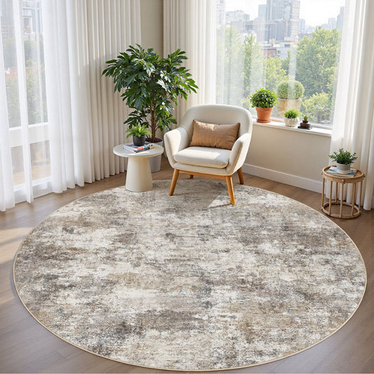 5'X5' round Washable Area Rugs for Living Room, Modern Abstract Printed Rug, Gold Brown