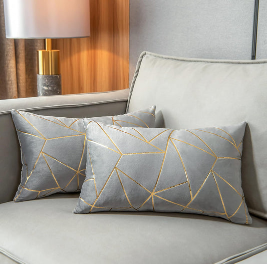 Pack of 2 Soft Velvet Lumbar Throw Pillow Covers Decorative Gold Foil Geometric Pattern Cute Cushion Case For, Couch Living Room Sofa Bedroom Car (Grey and Gold, 12“X20”)