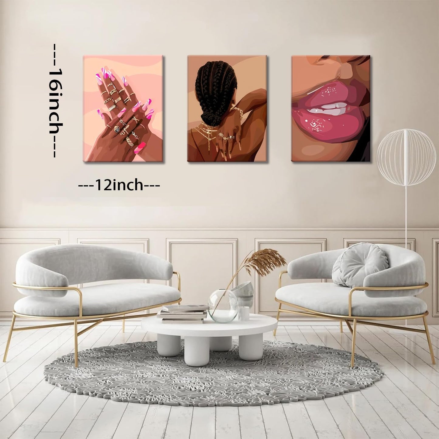 Black Girl Pink Wall Art Set of 3 African American Black Women Canvas Posters Fashion for Bathroom Decoration 12X16 Inch Framed