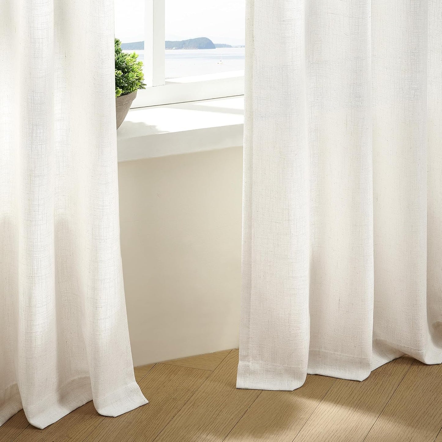 90 Inch Pinch Pleated Linen Curtains 2 Panel Set, Cream Natural Thick Linen Textured Drapes, Ivory Semi Sheer Curtain