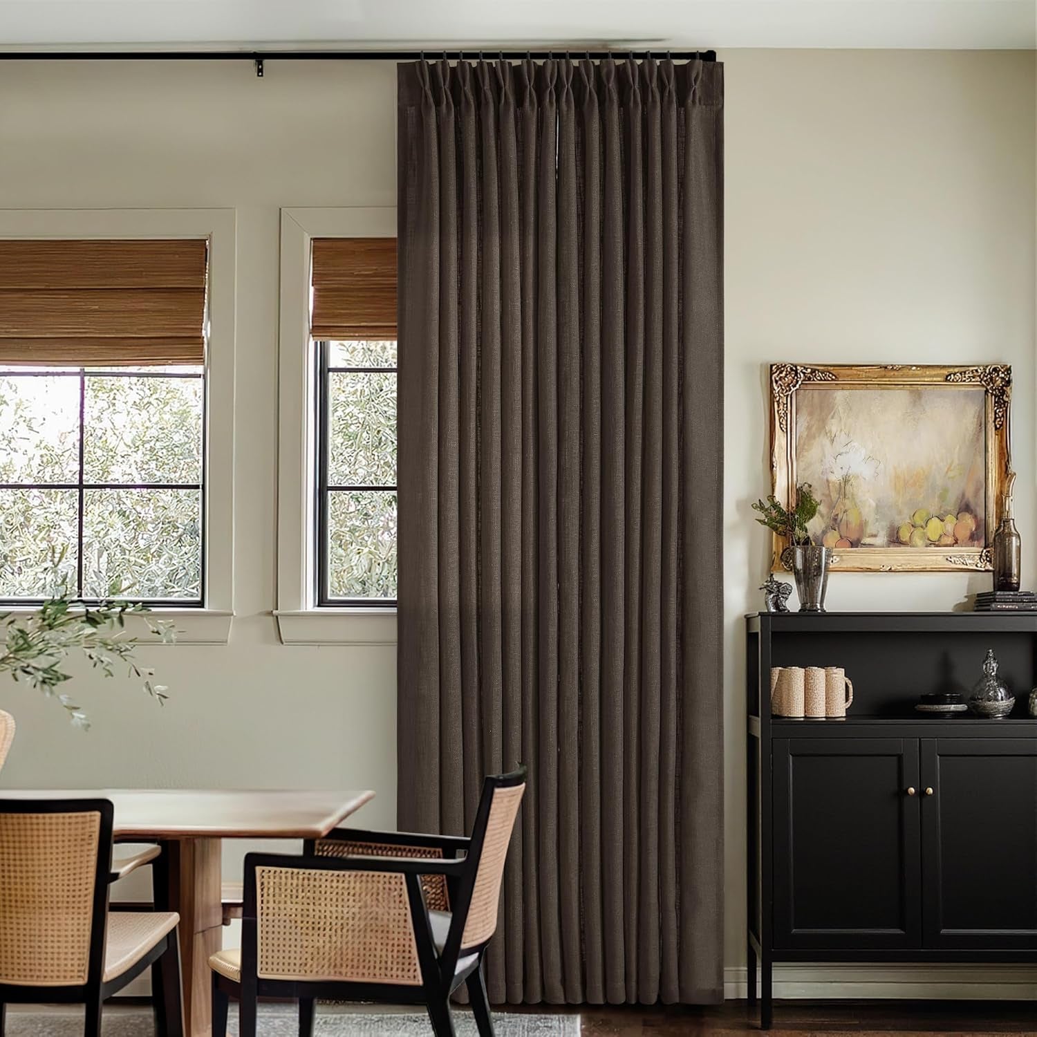 Dark Chocolate Pinch Pleated Linen Curtains 2 Panels Memory Training Shaped Semi Sheer Pleat Drapes with Hooks Rings Light Filtering Window Curtain 40X90