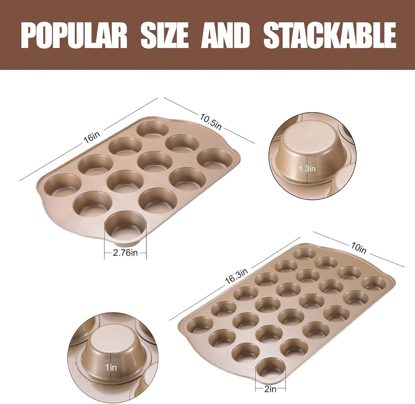 Nonstick Muffin Pan, Mini Cupcake Pan Set, Muffin Tins for Baking, 2 Pack, 12-Cup and 24-Cup, Gold