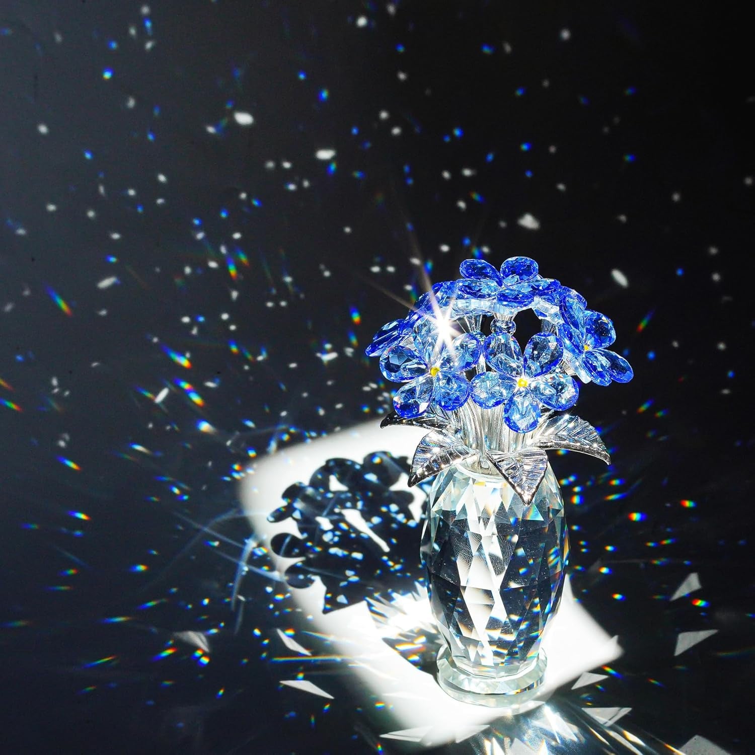 Blue Crystal Forget Me Not Flower Figurine, Crystal Glass Flower Ornament for Home Decor Table Centerpiece