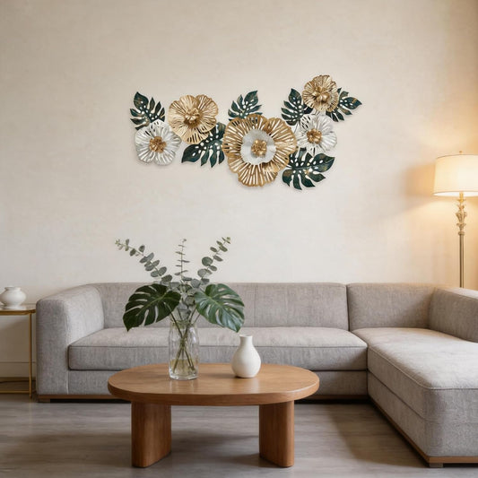 Large Modern Metal Wall Art, 3D Gold, White & Green Monstera Leaf Wall Sculpture, 43.3"L X 18.5"W