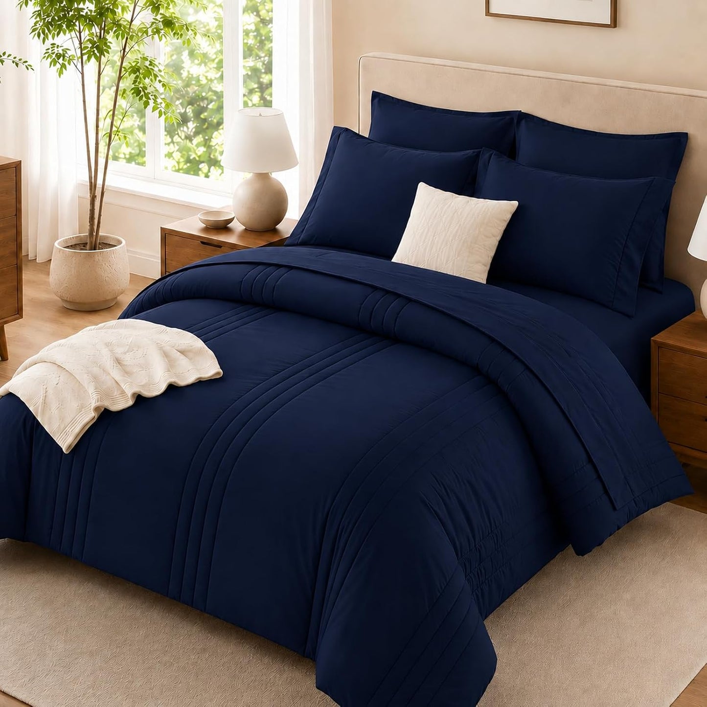 King Size Comforter Set Navy Blue, 7 Pieces Bed in a Bag Bedding