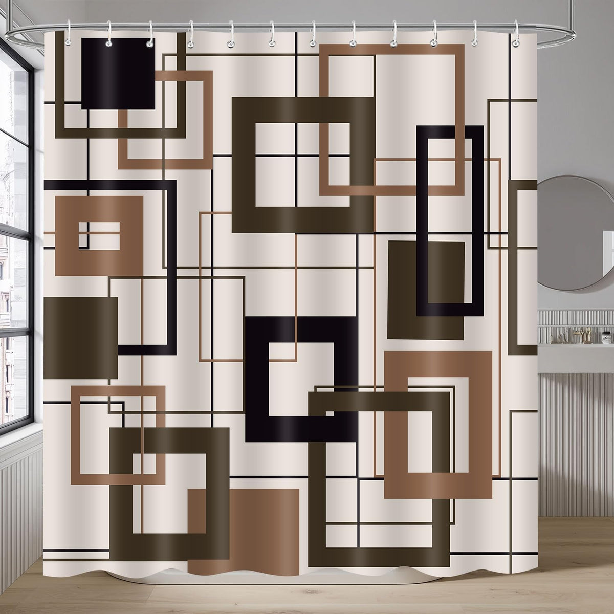 Brown Geometric Shower Curtain Mid Century Modern Abstract Dark Brown and Black Checkered Bathroom Curtain Decor 72X72Inch
