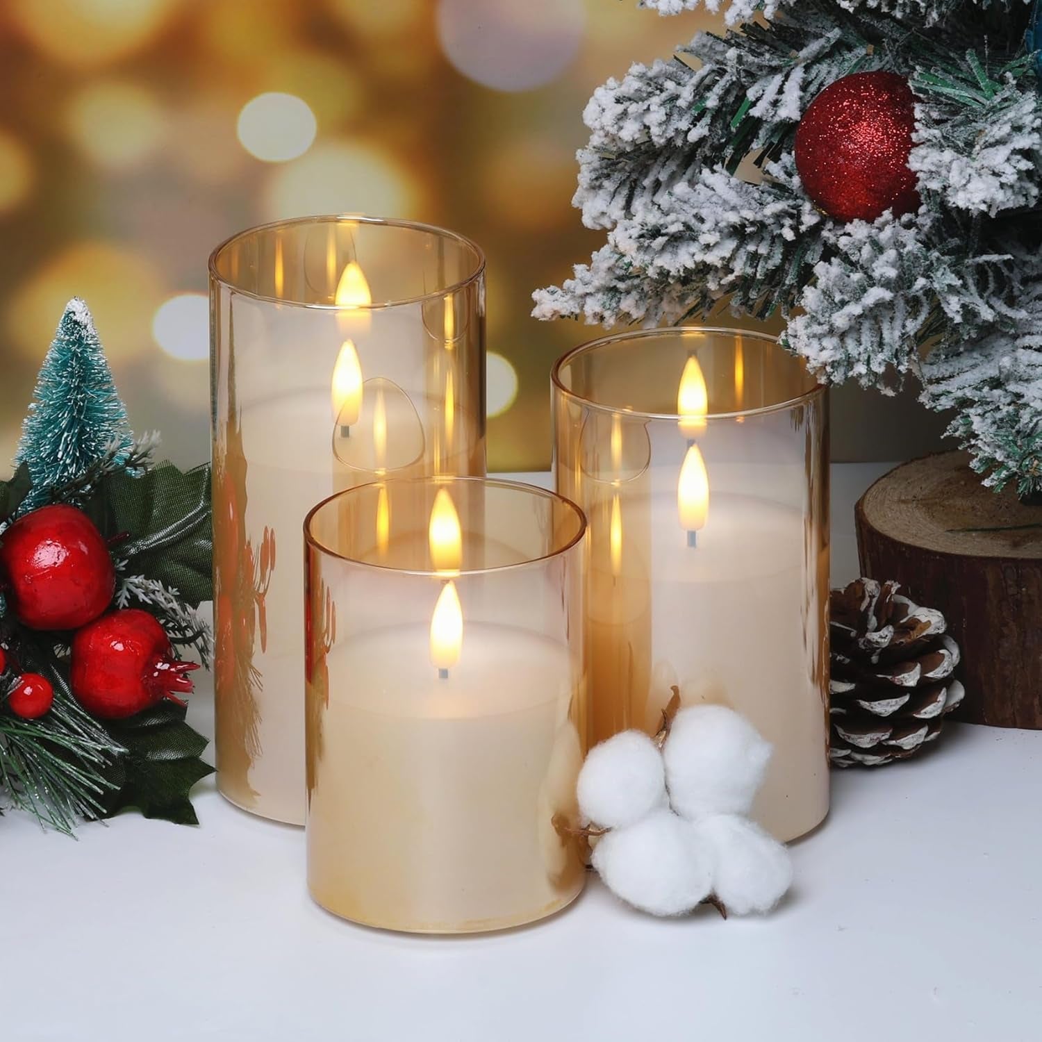 Gold Glass Flameless Pillar Candles with Remote, Flickering Battery LED Wax Candles Set of 3