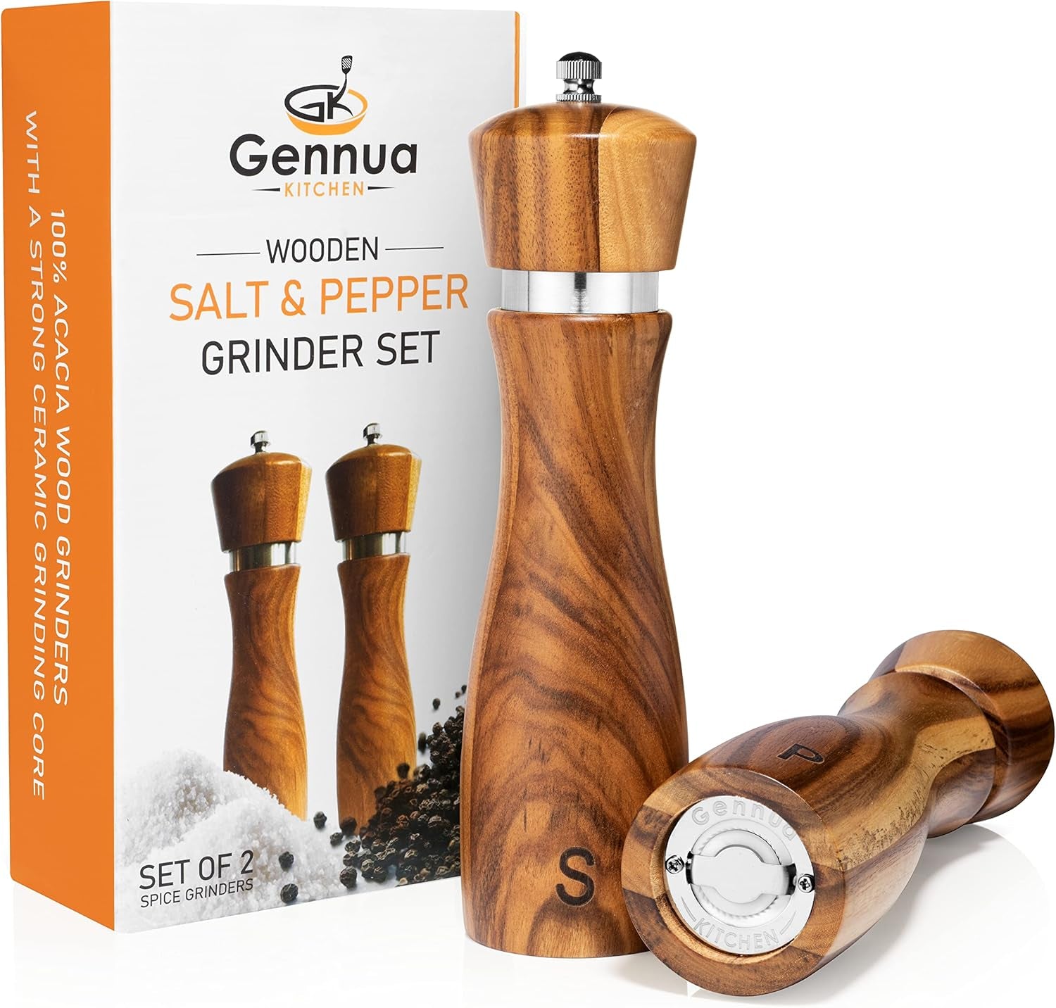 Wooden Salt and Pepper Grinder Set: Refillable Salt & Pepper Mills Adjust for Customized Coarseness, 8 Inches Each