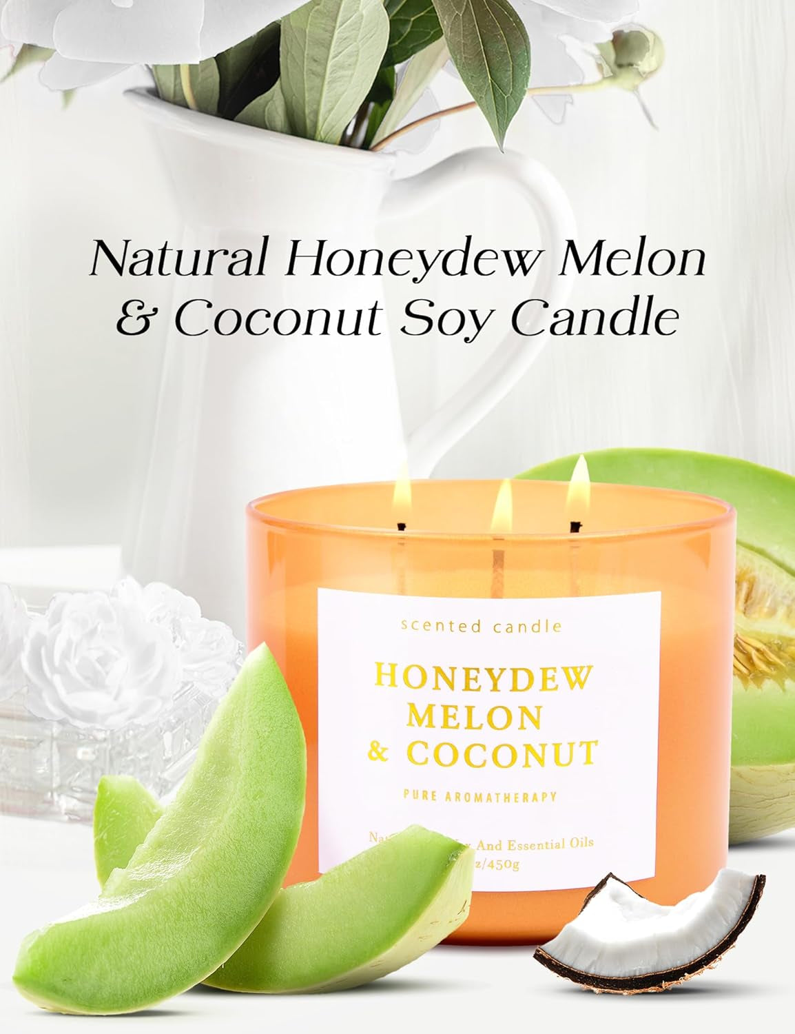 Honeydew Melon & Coconut Candle - Large 3 Wick Scented Soy Candle ,15.8 Oz