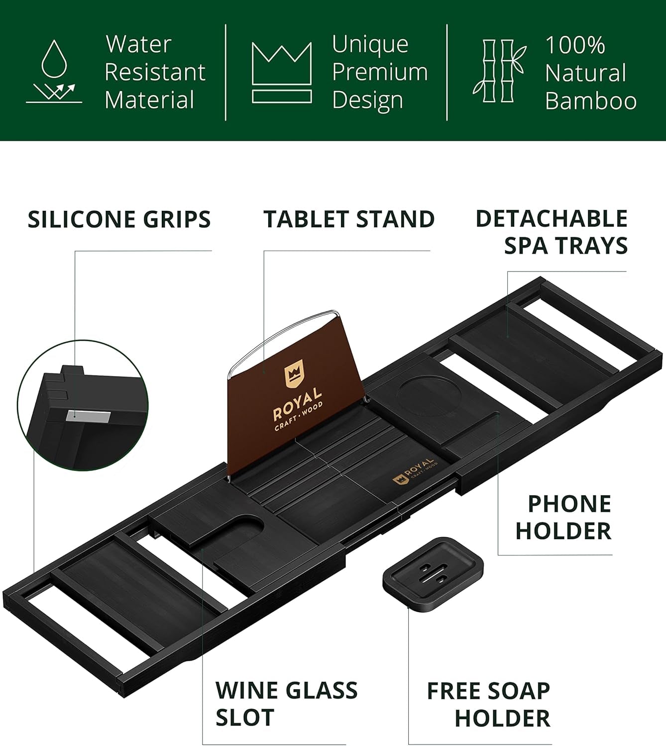 Premium Foldable Bathtub Tray Caddy -Expandable Wood Bath Tray for Tub, Black