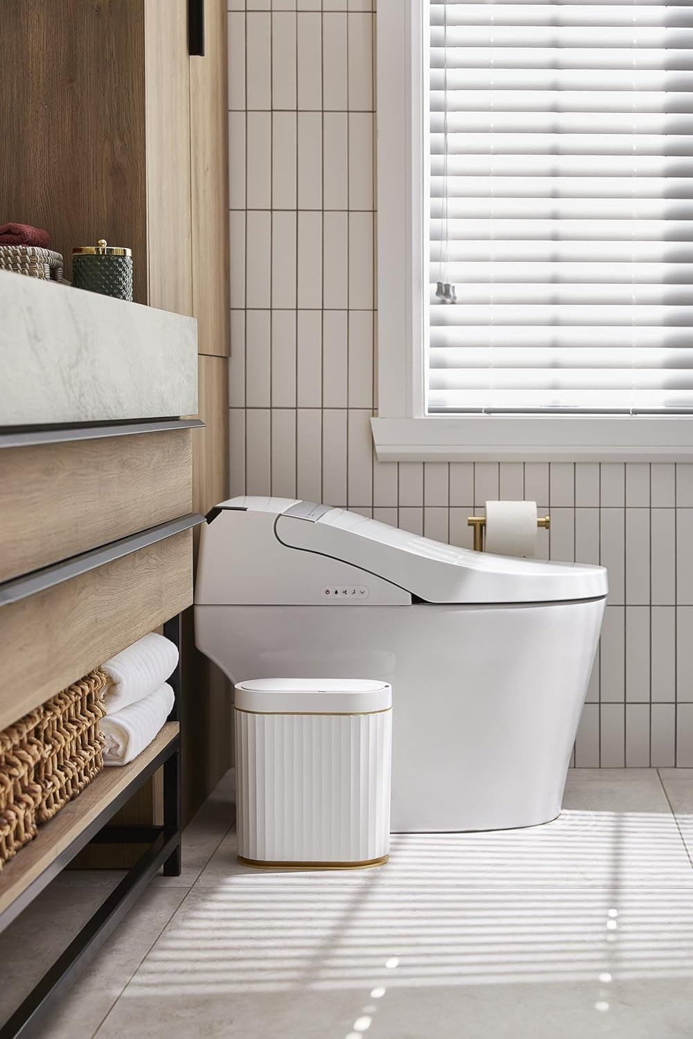 Automatic Motion Sensor Trash Can - 2 Gallon Slimline for Bathroom, Bedroom, Kitchen, Office - White with Gold Trim