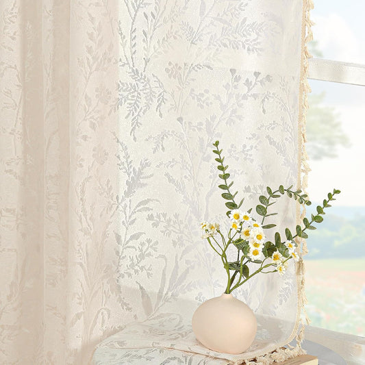 Boho Lace Curtains 84 Inch Length 2 Panels Beige Sheer Floral Leaf with Tassels, Semi Blackout Privacy Curtains 52"X84"