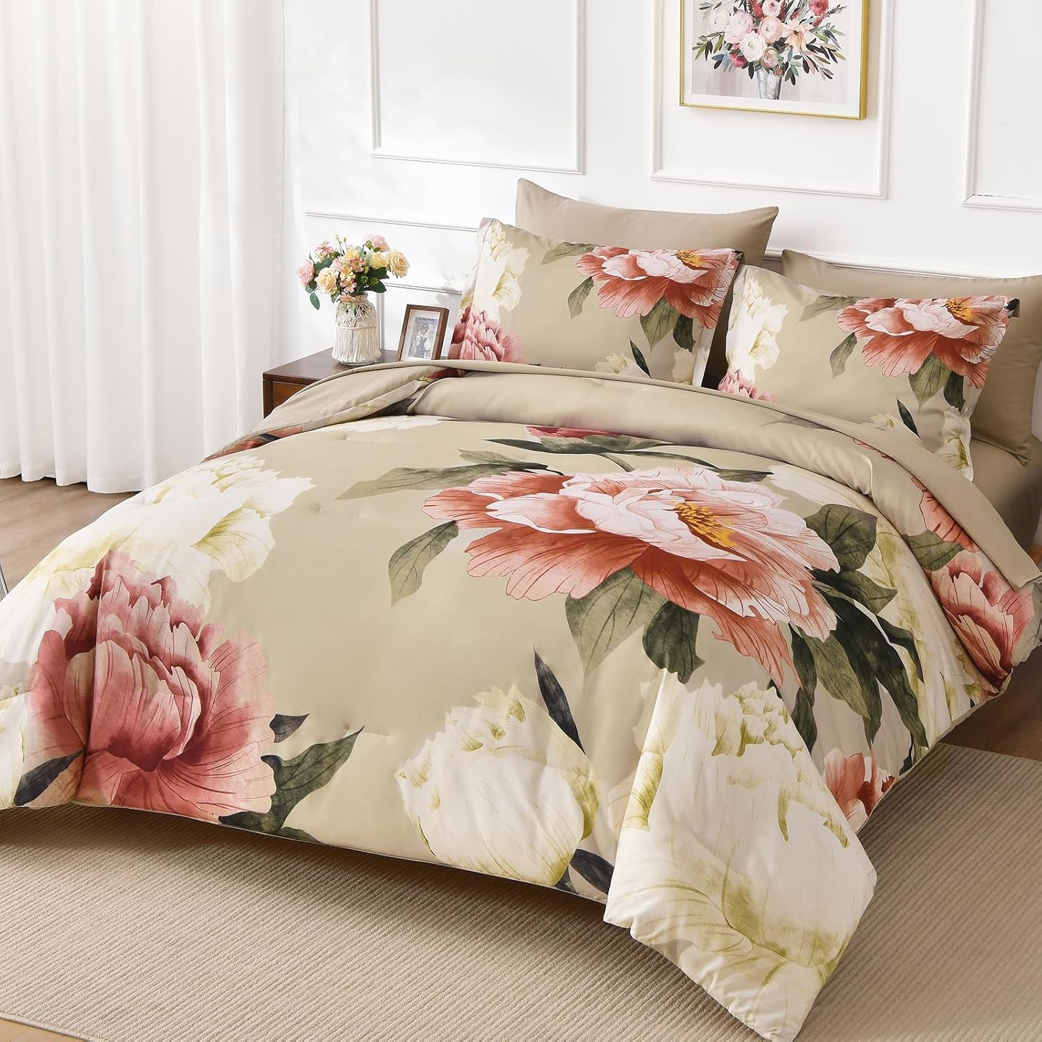 King Size Comforter Set 7 Piece Bed in a Bag, Pink Floral Printed on Khaki Comforter Set with Sheets, Set for All Season