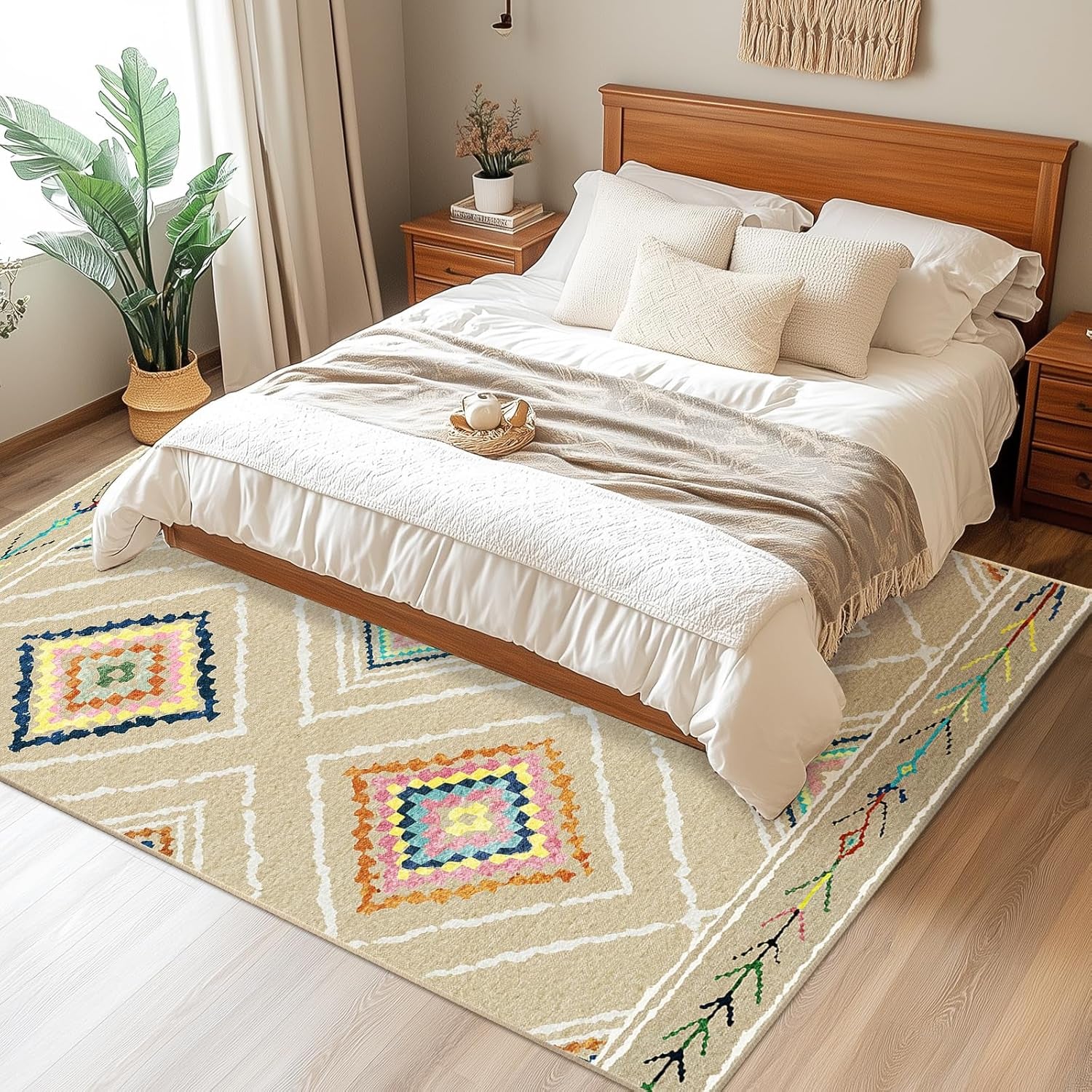 Area Rug 5X7 Rug Machine Washable Non-Slip Print Pattern Western Rug -Cream/Beige