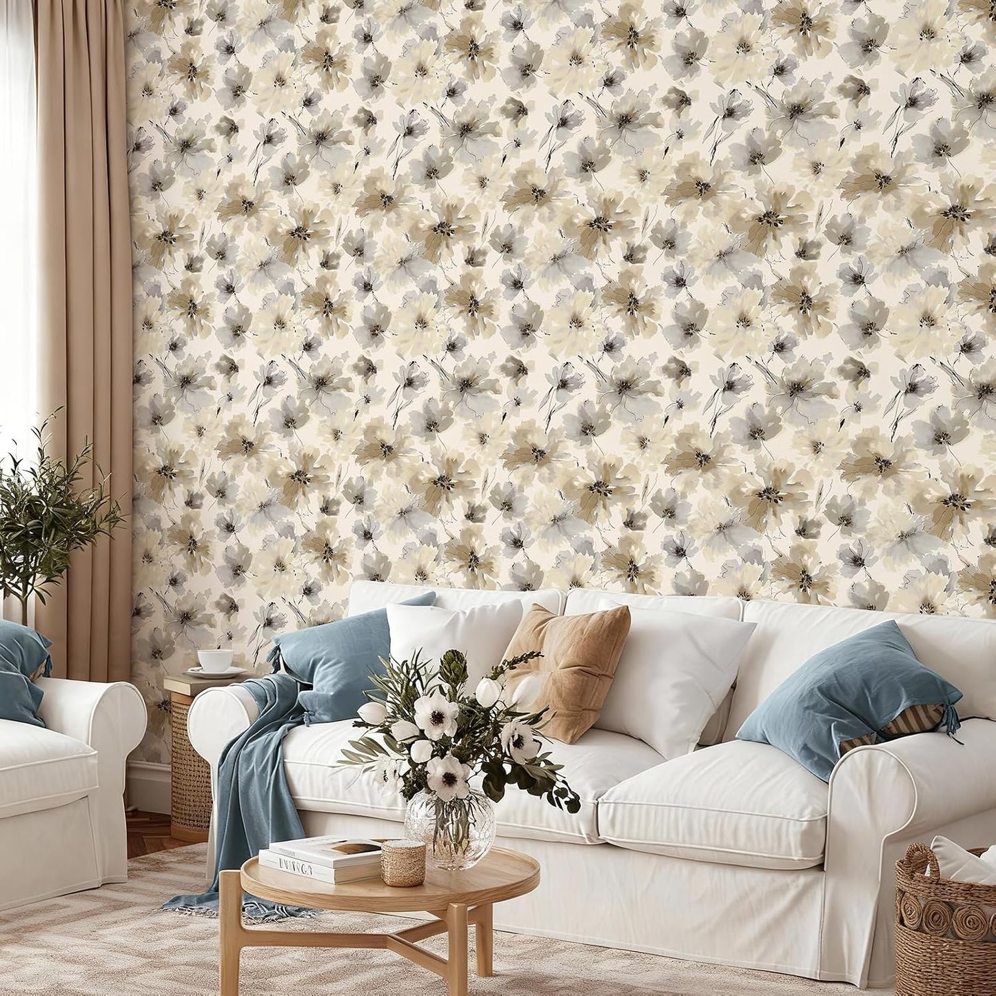 Beige Flower Watercolor Flower Peel and Stick Wallpaper, Honey Wheat Yellow, 17.3X393.7 Inch