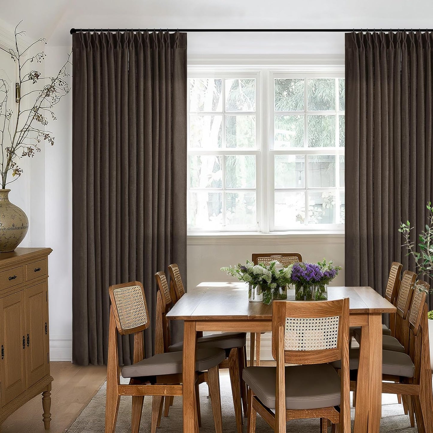Dark Chocolate Pinch Pleated Linen Curtains 2 Panels Memory Training Shaped Semi Sheer Pleat Drapes with Hooks Rings Light Filtering Window Curtain 40X90