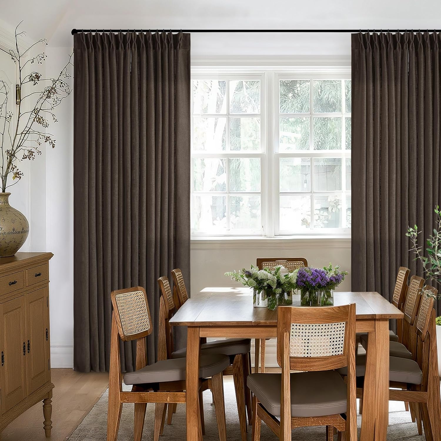 Dark Chocolate Pinch Pleated Linen Curtains 2 Panels Memory Training Shaped Semi Sheer Pleat Drapes with Hooks Rings Light Filtering Window Curtain 40X90