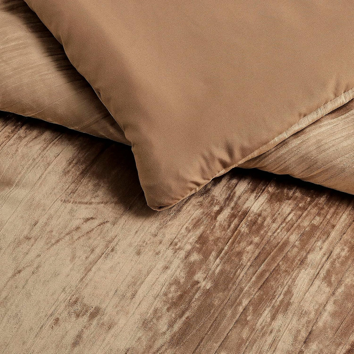 Crinkle Velvet Comforter Set, 3 Pieces Camarel Gold Queen, Crinkle Velvet Face and Brushed Microfiber Reverse, with Light Poly Fill
