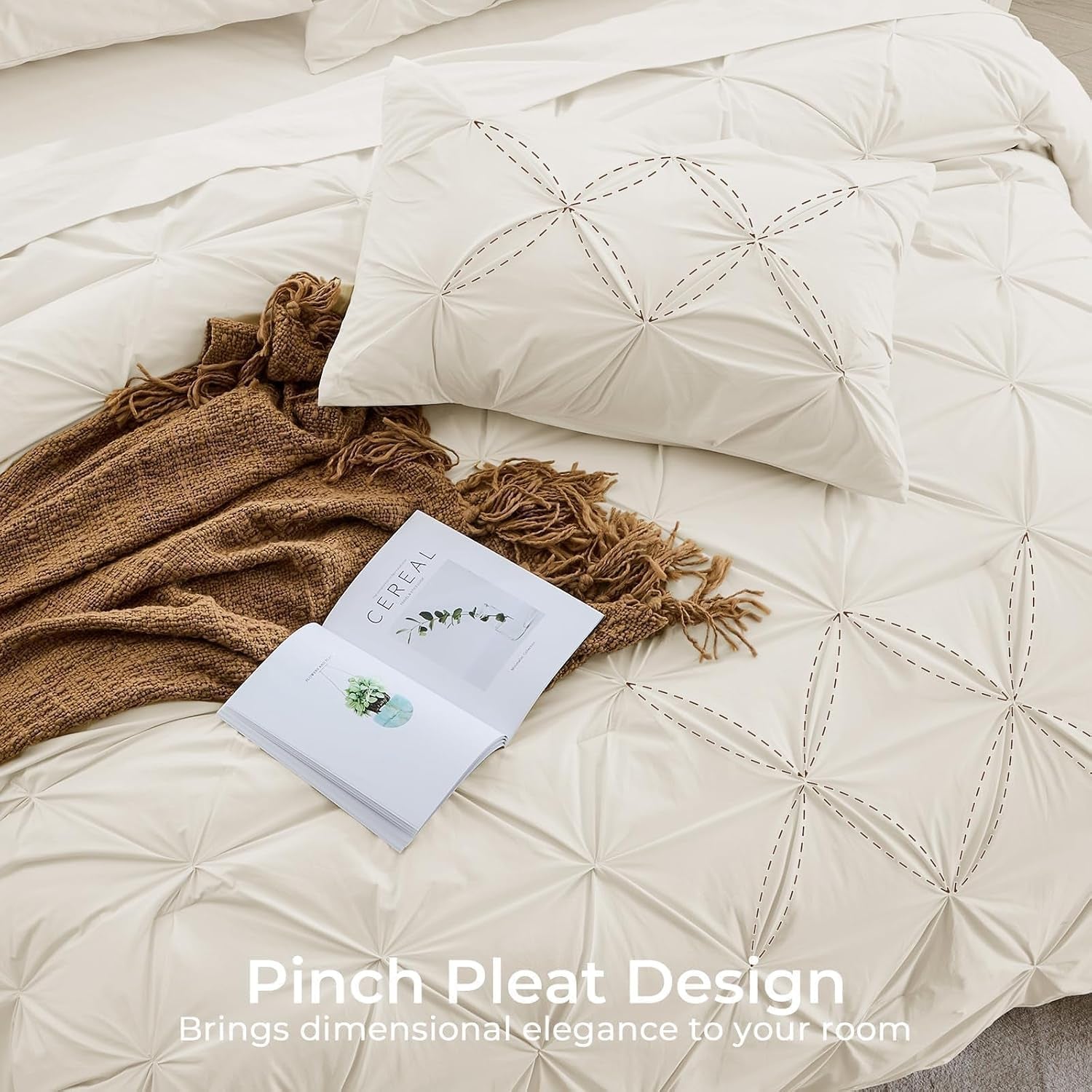 King Size Comforter Set, 7-Piece Bed in a Bag, Pintuck Bedding Set for All Season, Includes Comforter, Flat Sheet, Fitted Sheet, Pillowcases and Pillowshams, Beige