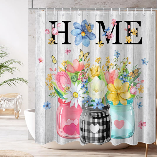 Spring Floral Shower Curtain for Bathroom, Pink Yellow Blue Butterfly and Flowers 72 X 72 Inch Waterproof Fabric Bath Curtain with Hooks (White, 72''X 72'')