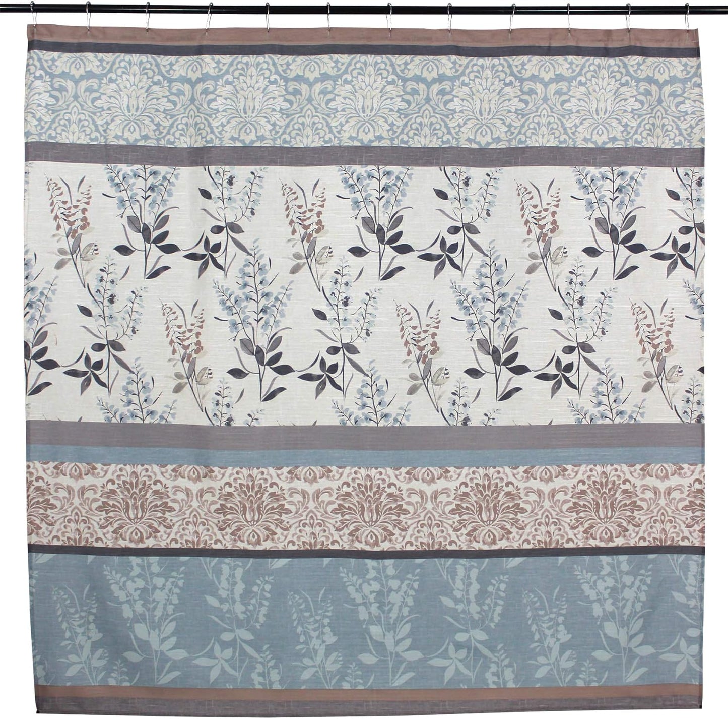 Farmhouse Floral Bordered Damask Shower Curtain - Light Blue, Beige, and Grey (72 X 70 Inches)