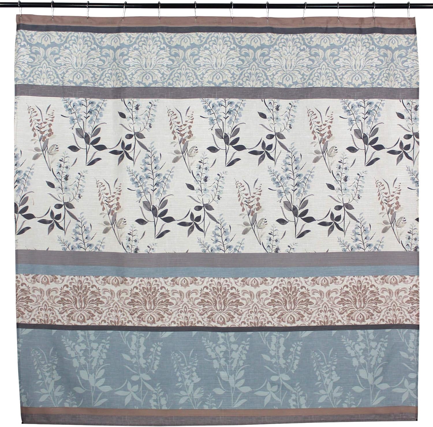 Farmhouse Floral Bordered Damask Shower Curtain - Light Blue, Beige, and Grey (72 X 70 Inches)