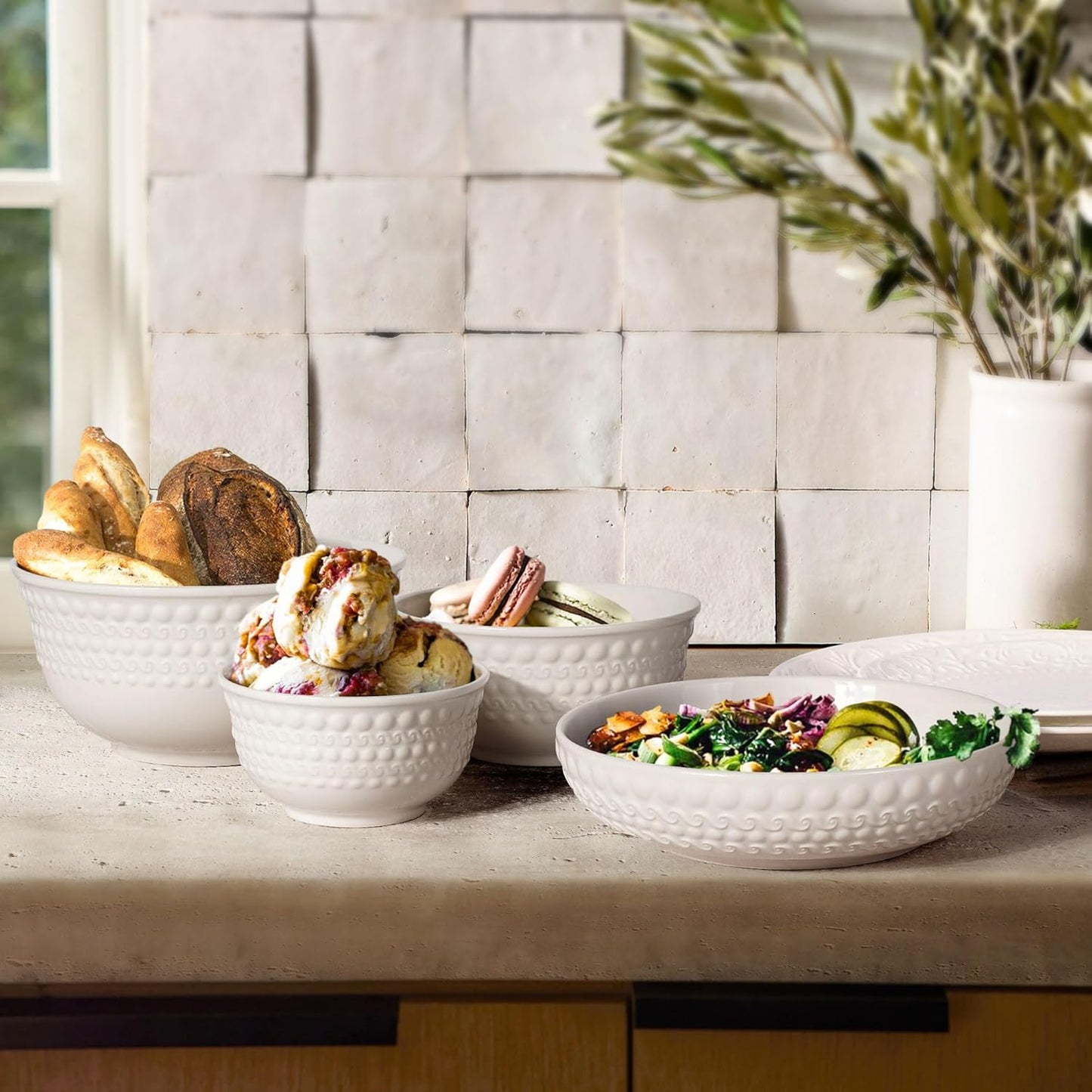 Large Salad Bowls Set of 4, 60Oz White Serving Bowls Deep Embossed Ceramic 8 Inch (Multiple Patterns)
