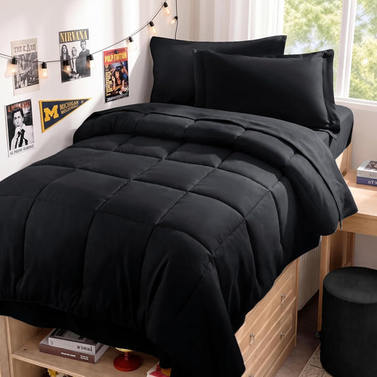 Twin Comforter Set, Ultra-Soft Bed in a Bag Twin Size 5 Pieces, Oeko-Tex Certified Bedding Set with down Alternative Comforter, Sheets, Pillowcases & Shams, Black